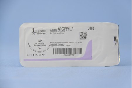 Picture of Suture with Needle Coated Vicryl™ Absorbable Coated Violet Suture Braided Polyglactin 910 Size 1 36 Inch Suture 1-Needle 40 mm Length 1/2 Circle Reverse Cutting NeedleJ486H