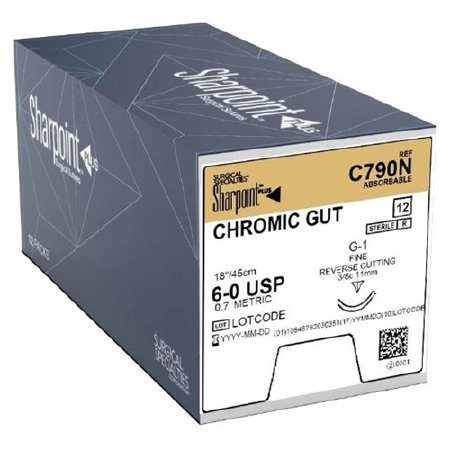 Picture of Suture with Needle Sharpoint® Plus Absorbable Uncoated Undyed Suture Chromic Gut Size 6 - 0 18 Inch Suture 1-Needle 11 mm Length 3/8 Circle Precision Reverse Cutting NeedleC790N