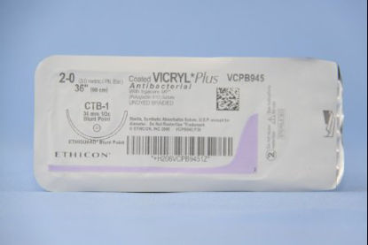 Picture of Antibacterial Suture with Needle Coated Vicryl™ Plus Absorbable Coated Undyed Suture Braided Polyglactin 910 with Irgacare MP Antibacterial Suture Size 4 - 0 36 Inch Suture 1-Needle 36.4 mm Length 1/2 Circle Blunt Point NeedleVCPB945H