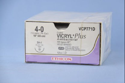 Picture of Antibacterial Suture with Needle Coated Vicryl™ Plus Absorbable Coated Violet Suture Braided Polyglactin 910 with Irgacare MP Antibacterial Suture Size 4 - 0 18 Inch Suture 1-Needle 22 mm Length 1/2 Circle Taper Point NeedleVCP771D