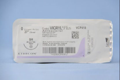 Picture of Antibacterial Suture with Needle Coated Vicryl™ Plus Absorbable Coated Undyed Suture Braided Polyglactin 910 with Irgacare MP Antibacterial Suture Size 0 27 Inch Suture 1-Needle 26 mm Length 1/2 Circle Taper Point NeedleVCP418H