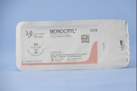Picture of Suture with Needle Monocryl™ Absorbable Uncoated Violet Suture Monofilament Poliglecaprone Size 3 - 0 27 Inch Suture 1-Needle 26 mm Length 1/2 Circle Taper Point NeedleY316H