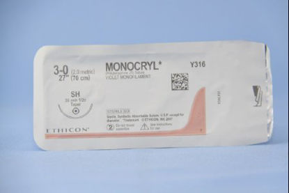 Picture of Suture with Needle Monocryl™ Absorbable Uncoated Violet Suture Monofilament Poliglecaprone Size 3 - 0 27 Inch Suture 1-Needle 26 mm Length 1/2 Circle Taper Point NeedleY316H